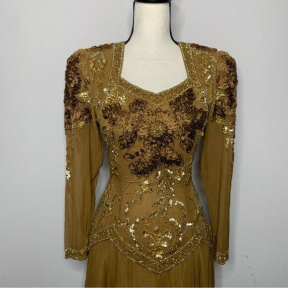 Isabella Vintage Silk Golden Sequin Beaded Embellished Evening Gown - Picture 7 of 16